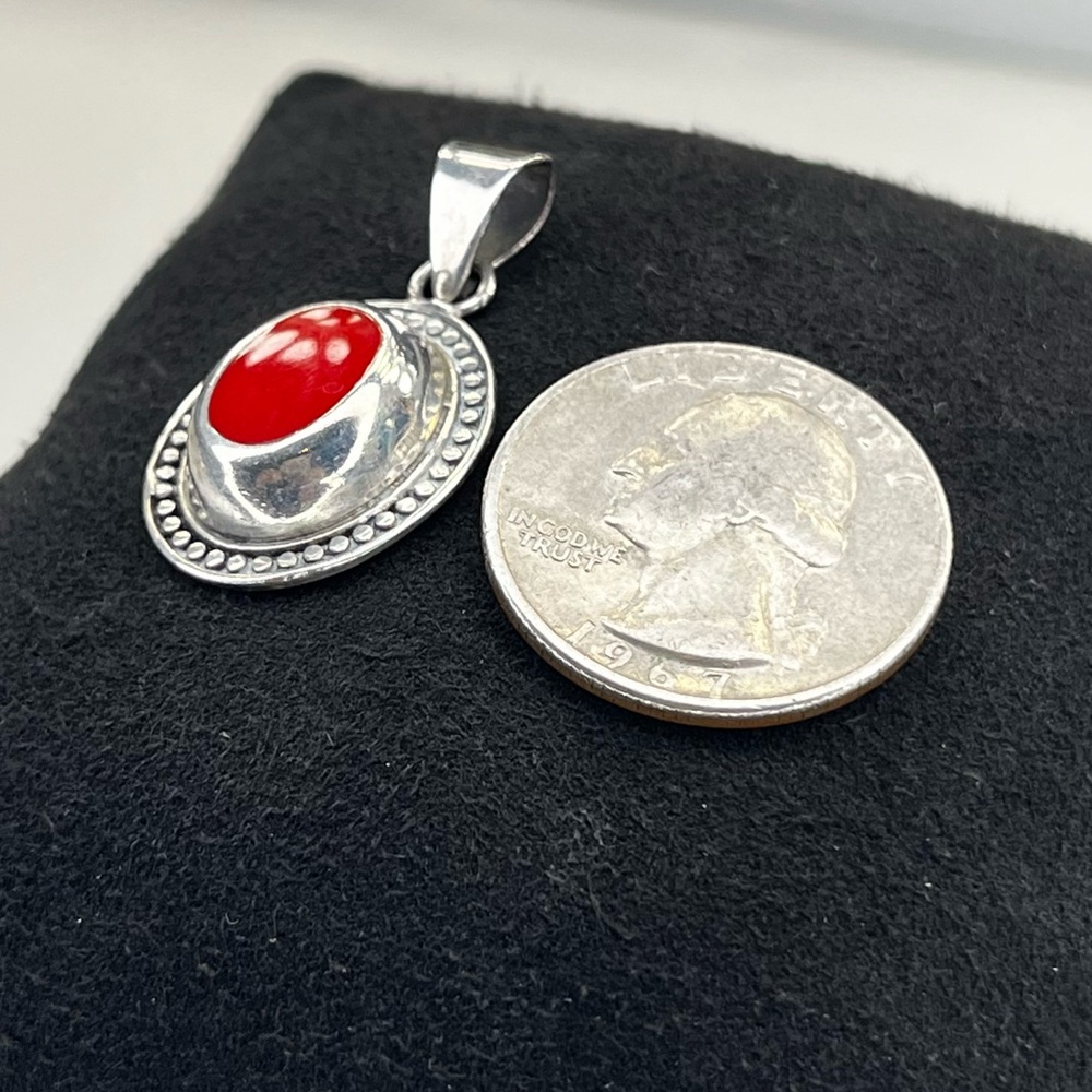 Vintage Mexico Sterling Silver‎ 925 Pendant Red Coral Stone - Picture 5 of 7